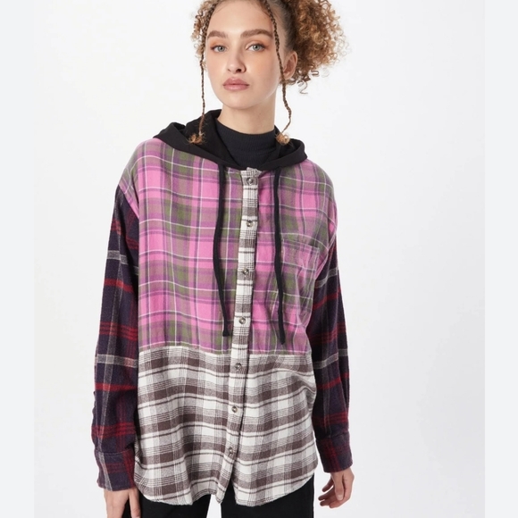 Urban Outfitters BDG Serena Spliced Flannel Plaid Button Down Hooded Shirt XS - Picture 8 of 12